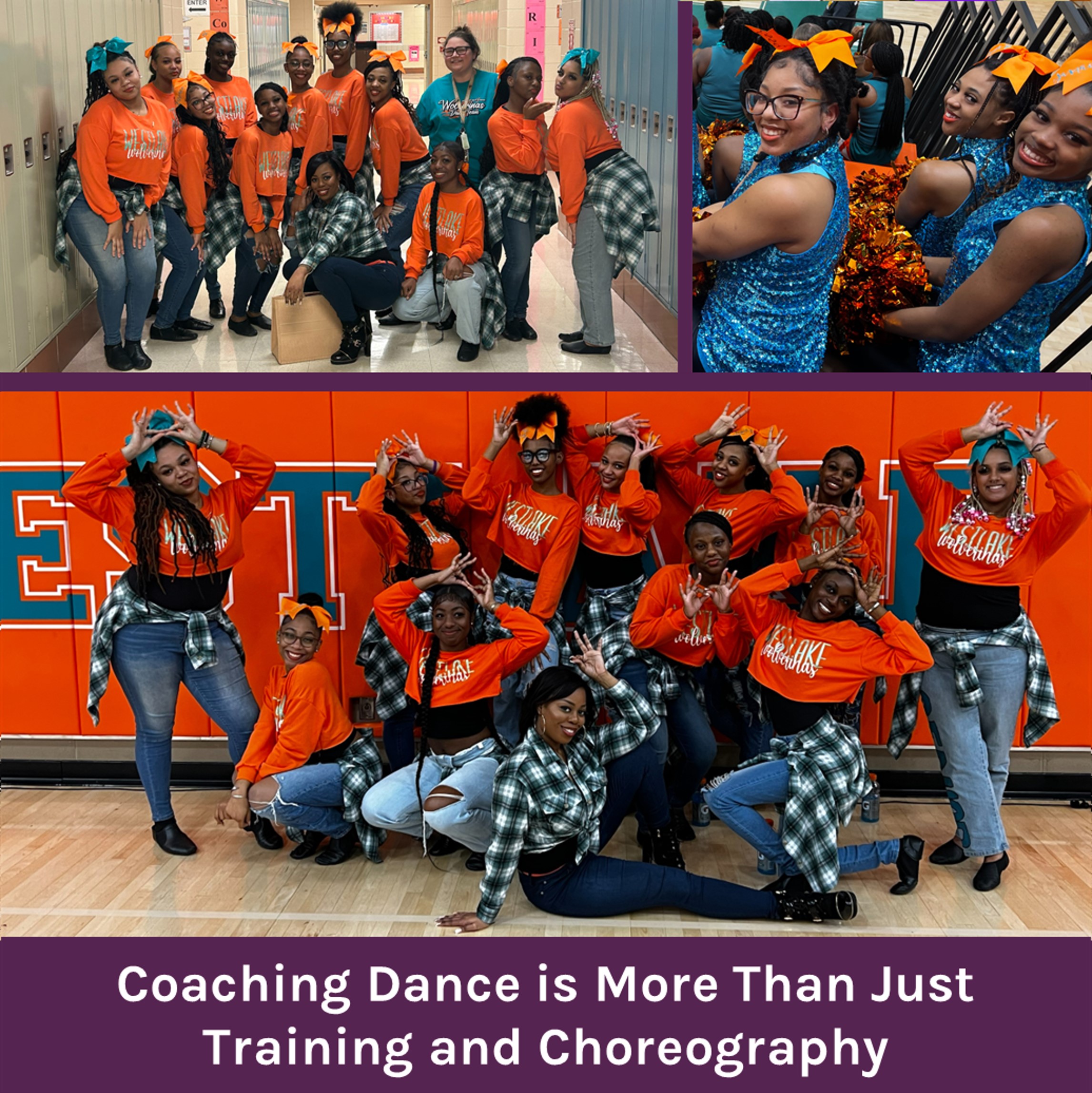 A collage of three photos featuring Bre and members of her dance team.