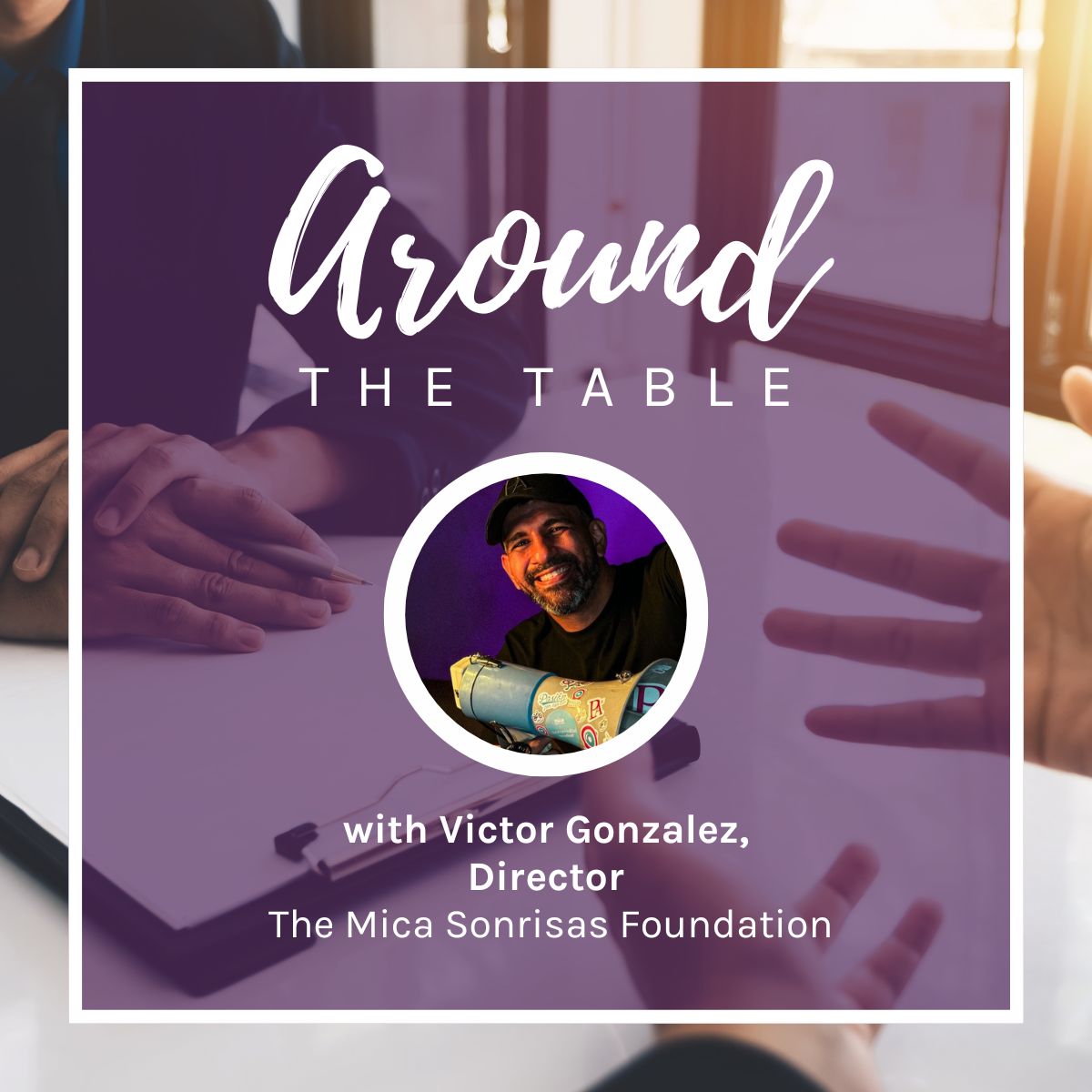 A headshot of a bearded man superimposed over a translucent purple graphic and a photo of two people talking at a table.